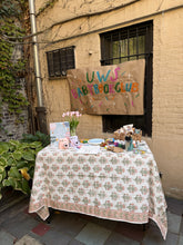 Load image into Gallery viewer, Tessa Tablecloth | Green &amp; Peach Cotton Floral Block Print Tablecloth
