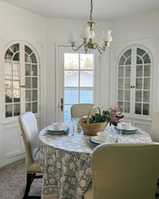 Load image into Gallery viewer, Blue and beige floral block print tablecloth on a round wooden dining table