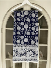 Load image into Gallery viewer, Navy blue and white patterned fabric hanging on a door