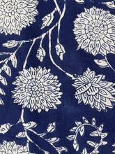 Load image into Gallery viewer, Closeup of White floral pattern on a blue fabric background
