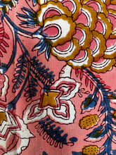 Load image into Gallery viewer, Close up of a pink, blue and yellow floral tablecloth 
