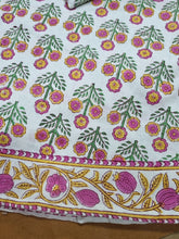 Load image into Gallery viewer, Closeup of floral patterned fabric with pink, yellow, and green colors on a white background.