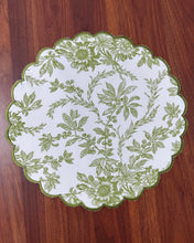 Load image into Gallery viewer, Green and white round scalloped placemats on a wooden table