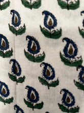 Load image into Gallery viewer, Close-up of fabric with blue and green floral pattern on white background